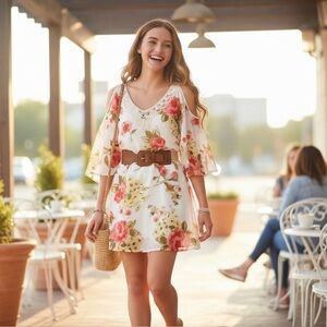 Twenty-Six White Floral Boho Chiffon Juniors Tunic Top w/ Crochet Trim & Belt